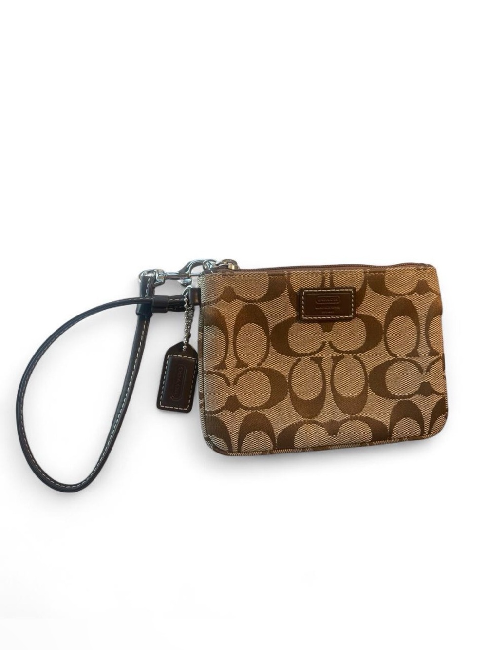 Coach Signature C Jacquard Khaki Brown *LEATHER* Zip Top Wristlet Pouch